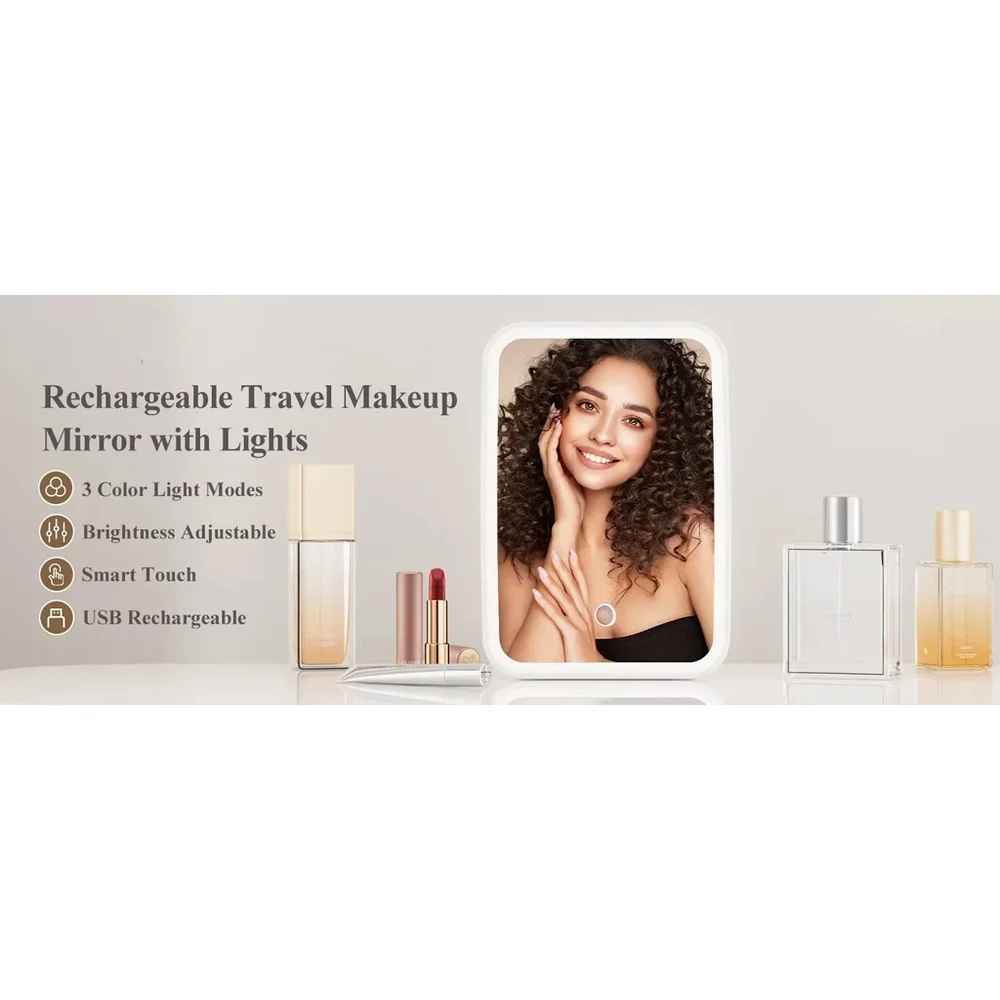 LED Travel Lighted Makeup Mirror 3 Colors Light Modes Portable Mirror with Light